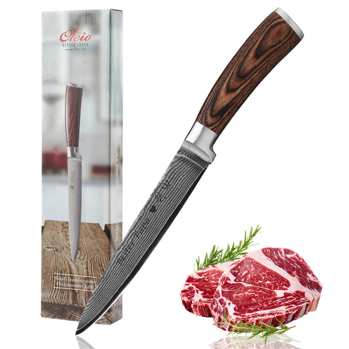 Wakoli EDIB Damast Fleischmesser mit Gravur – Personalisiertes Messer, 18cm Klinge aus 67 Lagen Dama