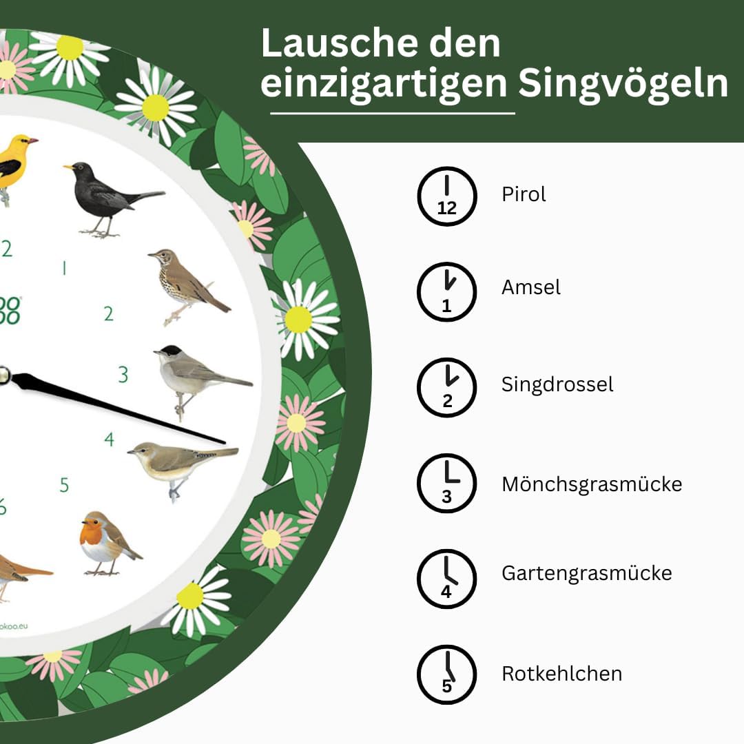 KOOKOO Singvögel Flower Planet, Quarzwerk, Die Singende Vogeluhr, ist eine Uhr mit 12 heimischen Sin