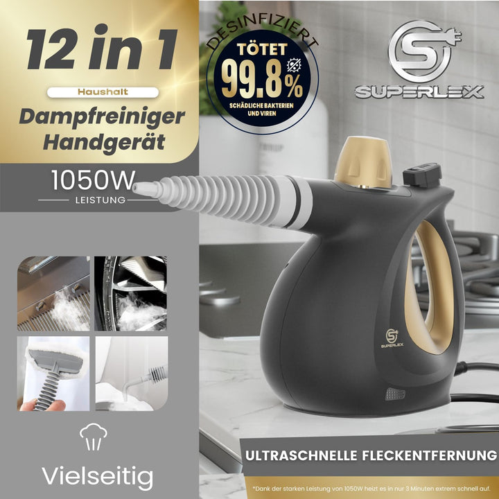 SUPERLEX Dampfreiniger Handgerät 1050W Handdampfreiniger mit 350ML Wassertank 180° Drehbare Düse Hoc