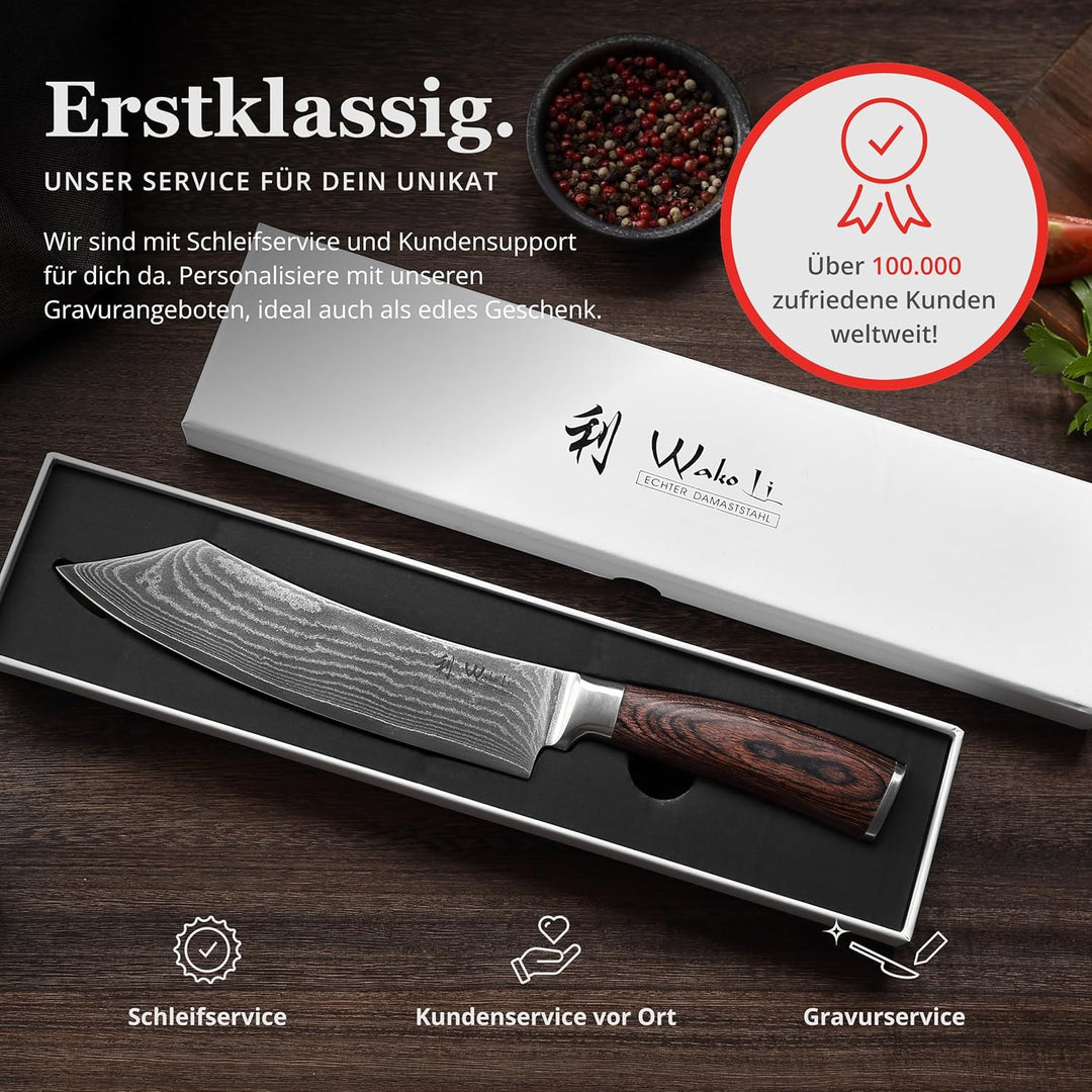 Wakoli EDIB Damast BBQ- und Blockmesser mit Gravur – Personalisiertes Messer, 20cm Klinge aus 67 Lag
