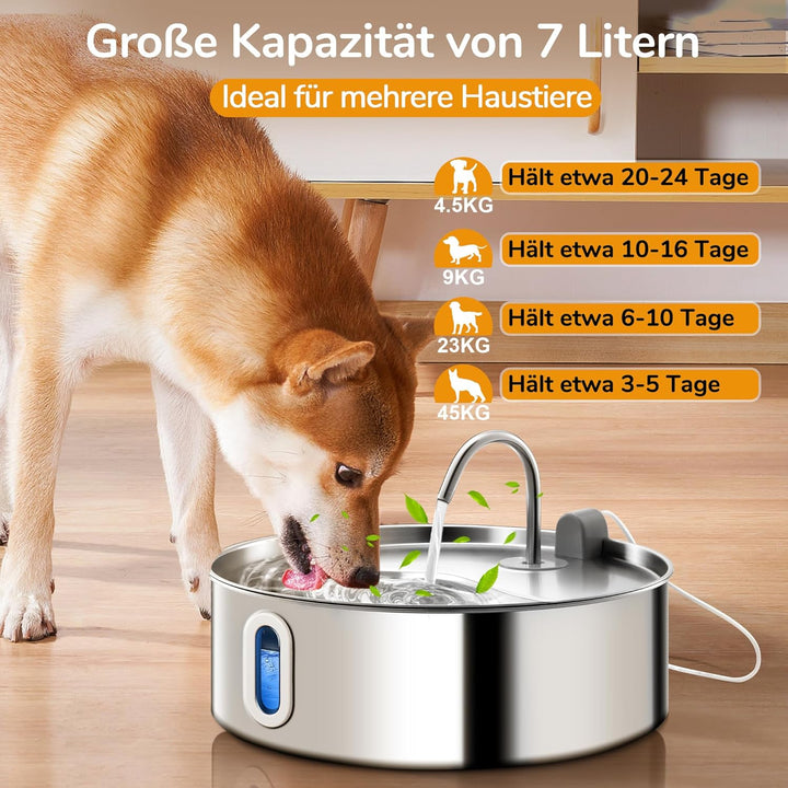 FUKUMARU 7L Trinkbrunnen für Hunde, Katzenbrunnen mit 5-Schicht Filtration und LED -Licht，Edelstahl