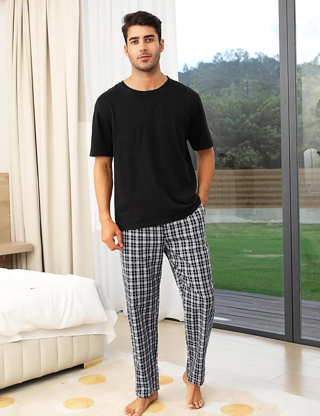 Aseniza Herren Schlafanzughose Lang Baumwolle Karierte Schlafhose Pyjamaunterteil Pyjamahose Freizei