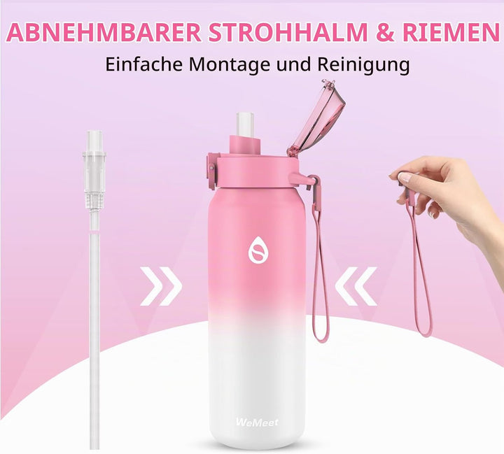 WEMEET Trinkflasche 18/10 Edelstahl mit Abnehmbare Strohhalm 500ML, Auslaufsicher Edelstahlflasche D