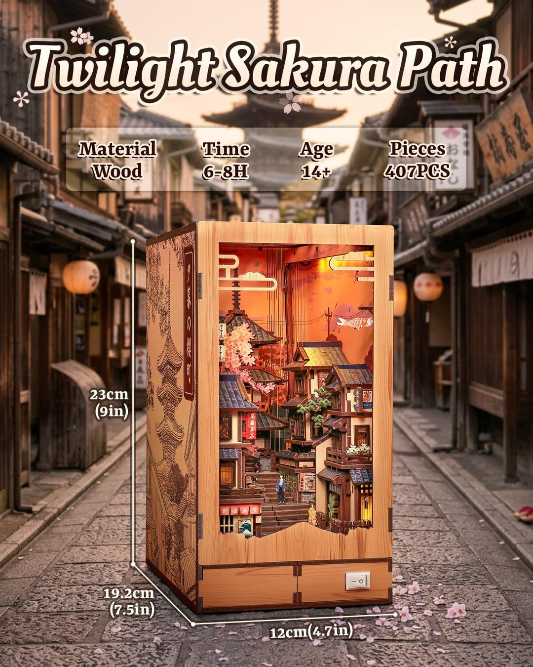 CUTEBEE 3D-Holzmodell Bausatz mit LED-Warmlicht, Japan Kyoto Strasse Bücherregal-Einsatz, Miniaturha