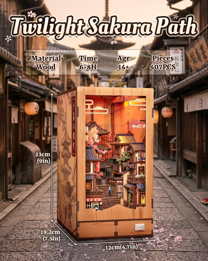 CUTEBEE 3D-Holzmodell Bausatz mit LED-Warmlicht, Japan Kyoto Strasse Bücherregal-Einsatz, Miniaturha