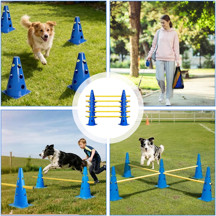 5er Sports Steckhürdenset, Agility Set Hunde Klein, Cavaletti Hunde Steckhürdenset, 10 Kegel + 5 Sta
