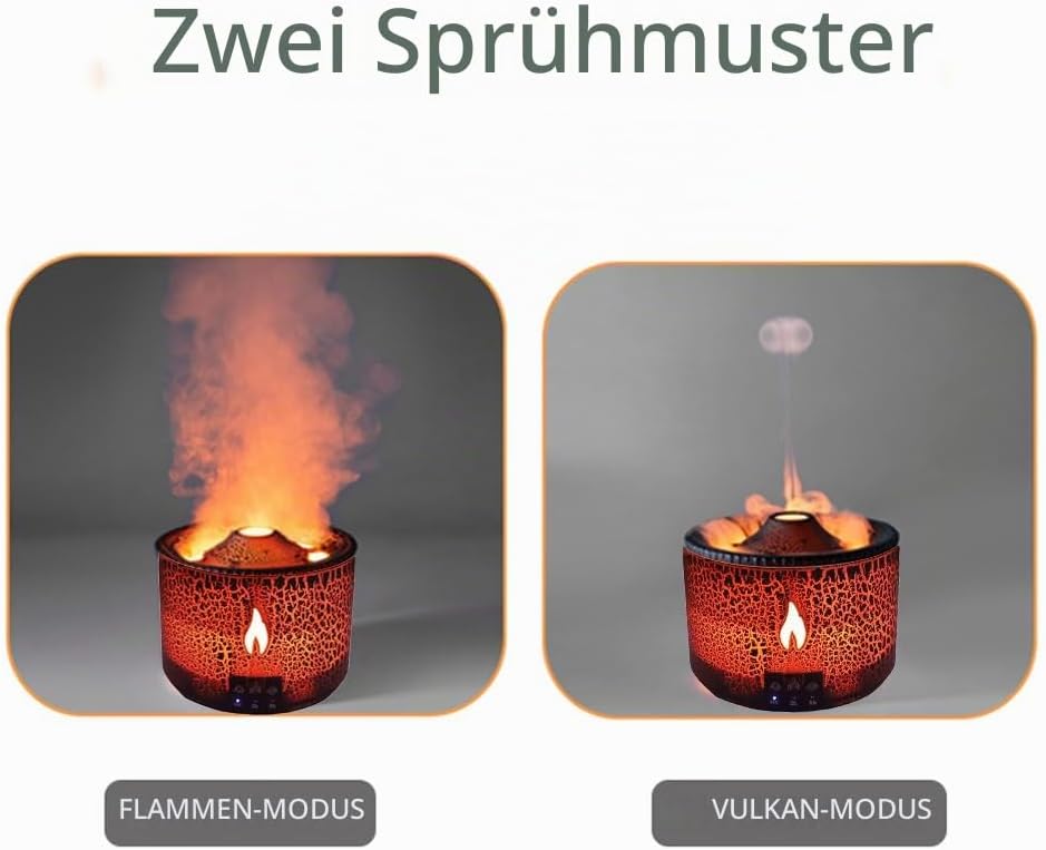 ThreeH Flammen-Vulkan Luftbefeuchter mit Aromadiffusor 2 Nebelmodi 7 Farben LED Für 20m² Räume