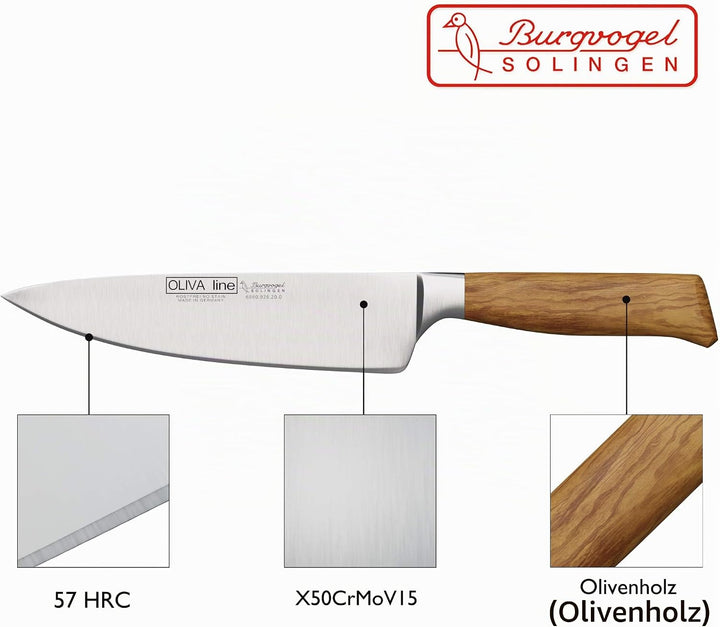 Burgvogel Solingen Kochmesser 20 cm geschmiedet Olivenholz, Oliva Line, rostfrei, deutsches Küchenme