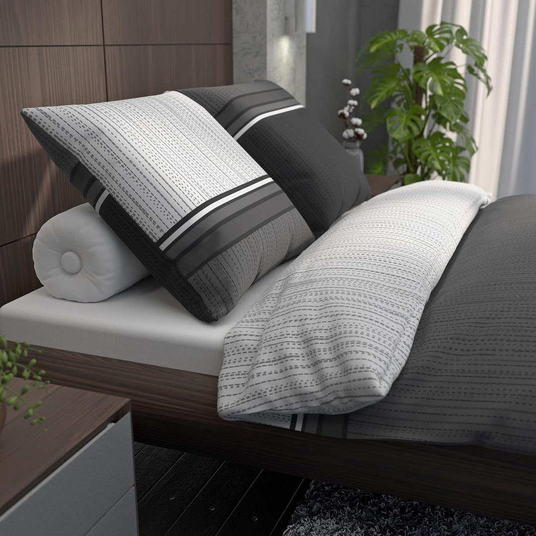 LARAWELL Bettwäsche 135x200 Baumwolle Ganzjahres Bettwäsche-Sets grau schwarz gestreift Premium Grau