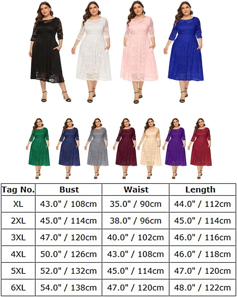 Odizli Damen Elegant 3/4 Ärmel Spitzenkleid Hochzeit Festlich Coctailkleid Abendkleid Grosse Grössen