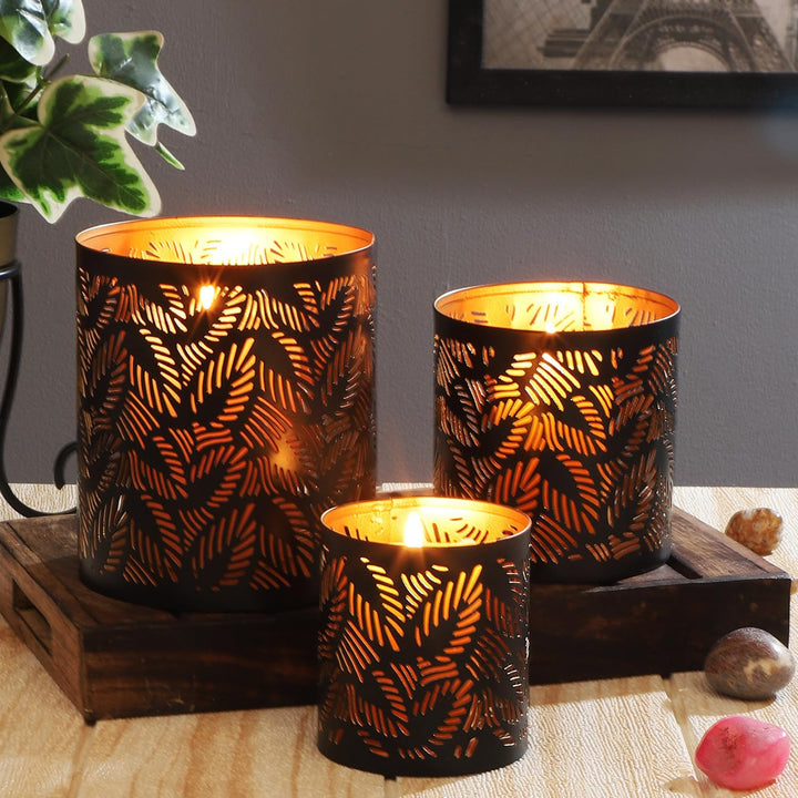 MARRAKESCH 3er Set Windlicht 14cm Gross aus Metall Orientalische Teelichthalter Ulama Schwarz Gold a