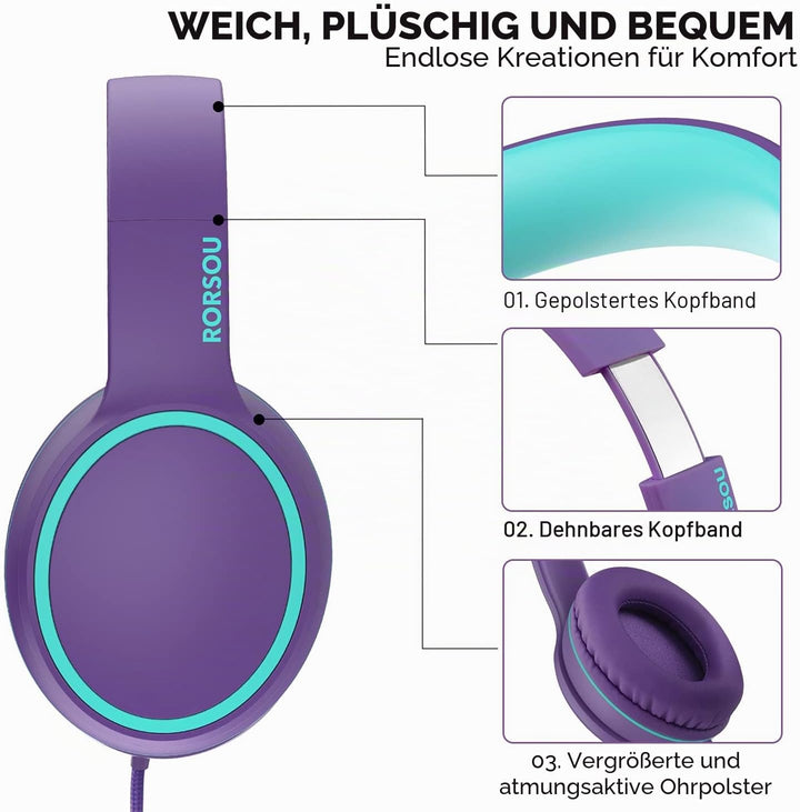 RORSOU R10 Over-Ear-Headphones mit Mikrofon, leichte faltbare Stereo-Bass-Headset mit 1,5 m nicht ve