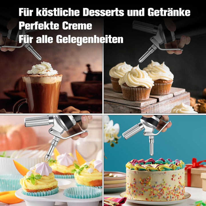 ERWEY Sahnespender 500ML, Sahnesyphon Edelstahl, Sahnesprüher Auslaufsicherer Einfach Reinigen mit 3