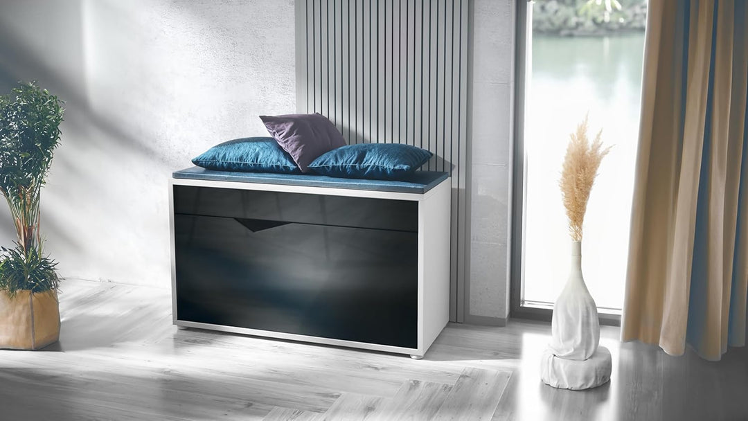 Vladon Kolmio Schuhbank, Sitzbank für 8 Paar Schuhe, Schuhregal mit Sitzfläche, Weiss matt/Schwarz H