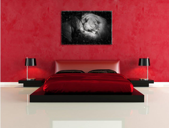 Pixxprint Männer Frauen Löwe kuscheln als Leinwandbild/Grösse: 100x70 cm/Wandbild/Kunstdruck/fertig