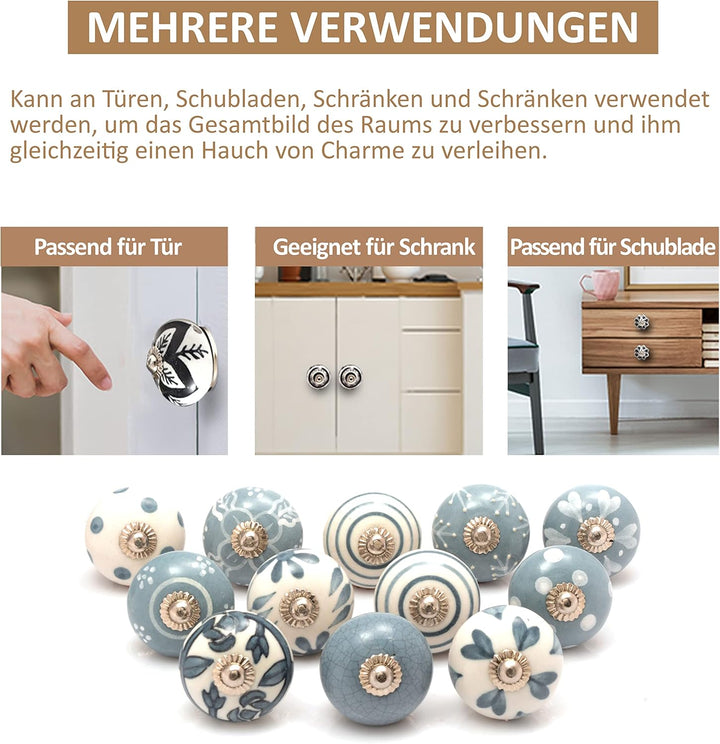 The Boho Street Hochwertige Keramik-Türgriffe - Verschiedene 12 Keramikknöpfe in Grau und Weiss, gem