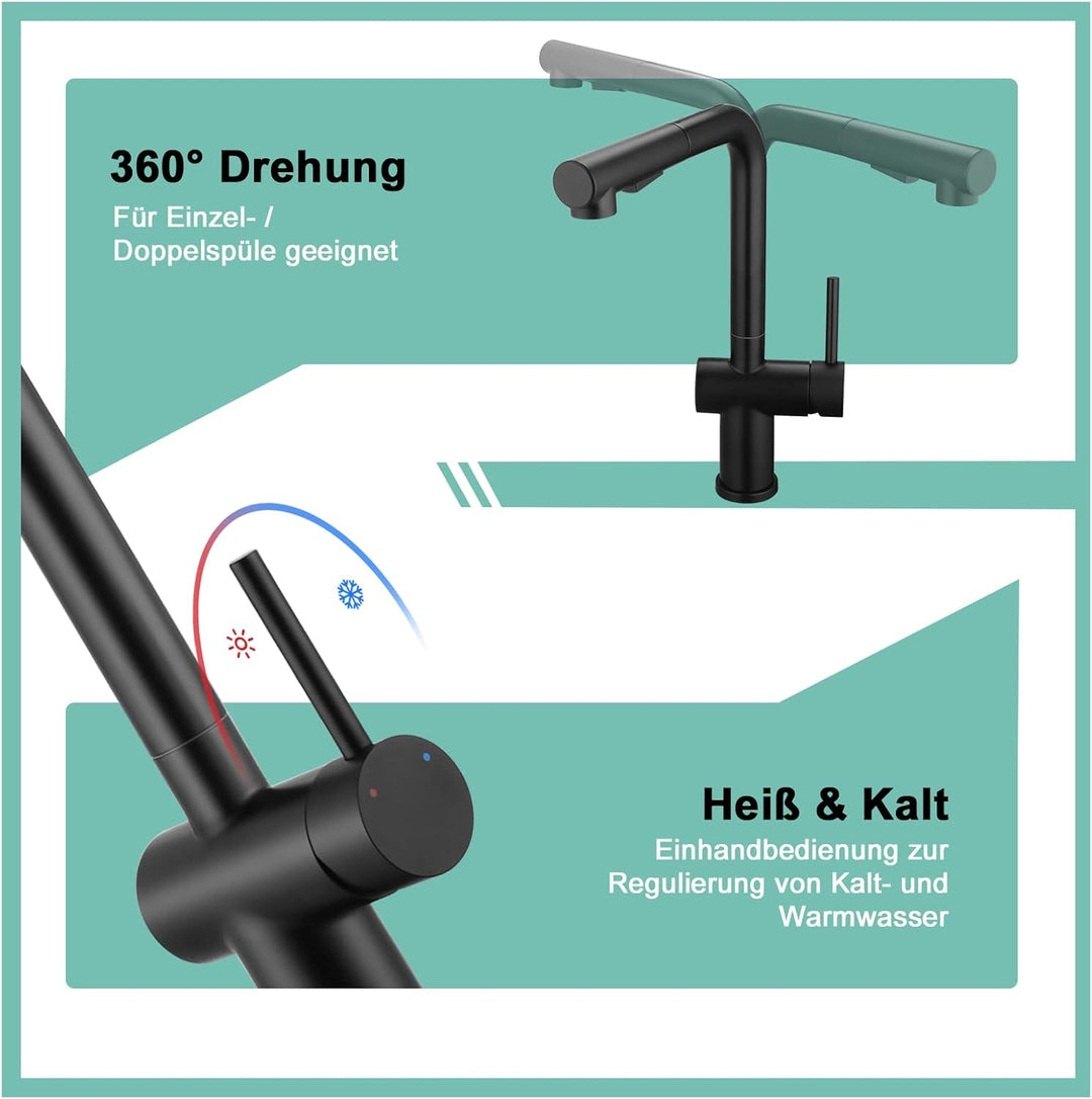 BONADE Niederdruck Armatur Küche Schwarz, Wasserhahn Küche Ausziehbar 3 Anschlüsse, Edelstahl Küchen