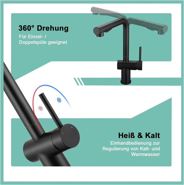 BONADE Niederdruck Armatur Küche Schwarz, Wasserhahn Küche Ausziehbar 3 Anschlüsse, Edelstahl Küchen