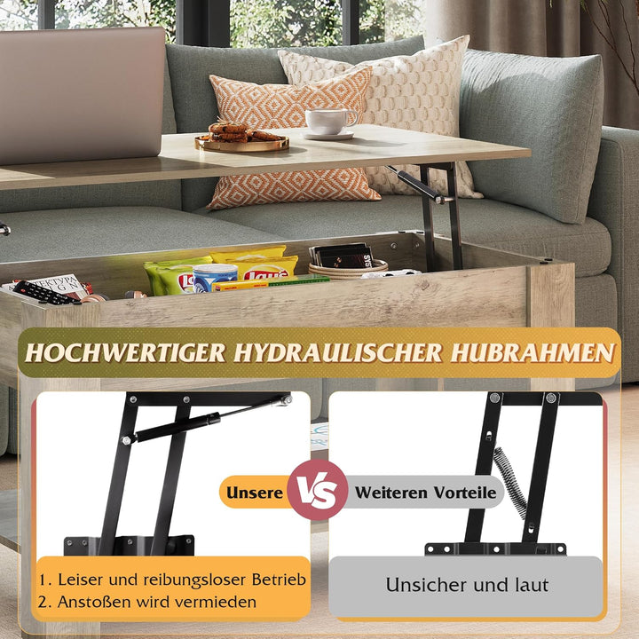 WLIVE Höhenverstellbarer Couchtisch mit Ablage, Wohnzimmertisch Rechteckig mit Offener und versteckt