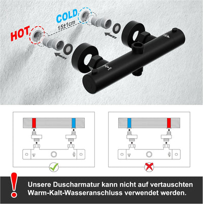 JOHO Thermostat Duschset aus Edelstahl Duschsystem mit Thermostatarmatur XL Kopfbrause Matt Schwarz