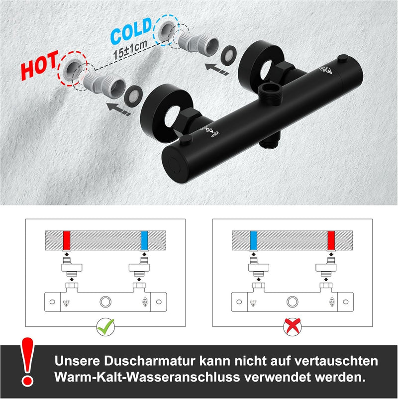 JOHO Thermostat Duschset aus Edelstahl Duschsystem mit Thermostatarmatur XL Kopfbrause Matt Schwarz