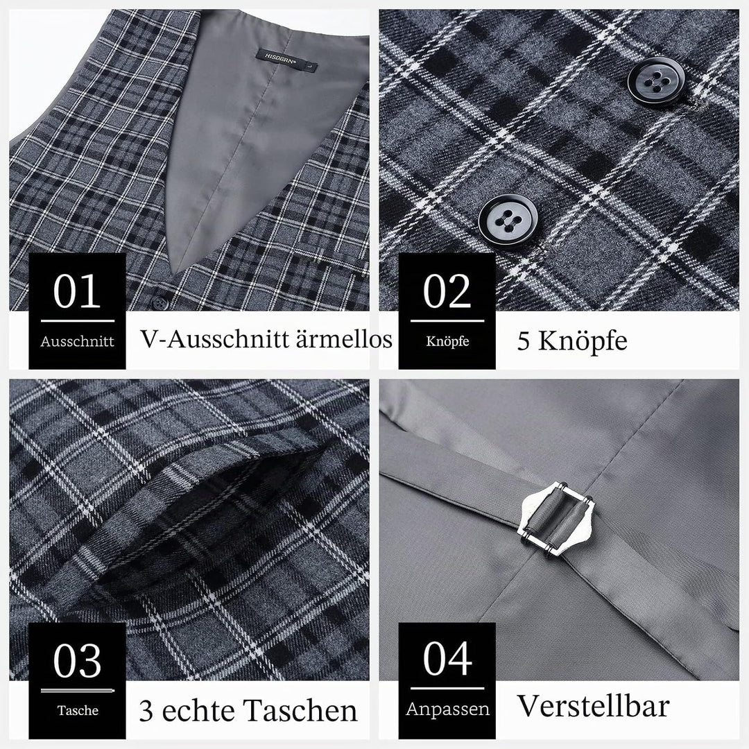 HISDERN Manner Formale Hochzeitsfeier Weste Baumwolle Plaid Kleid Anzug Weste für Herren Schwarz S,