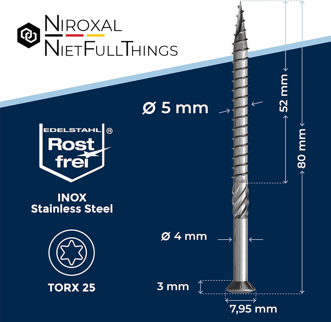 Terrassenschrauben 5x80 Edelstahl A2 Linsenkopfschrauben Torx Schrauben 5mm stark 200 Stück Holzschr