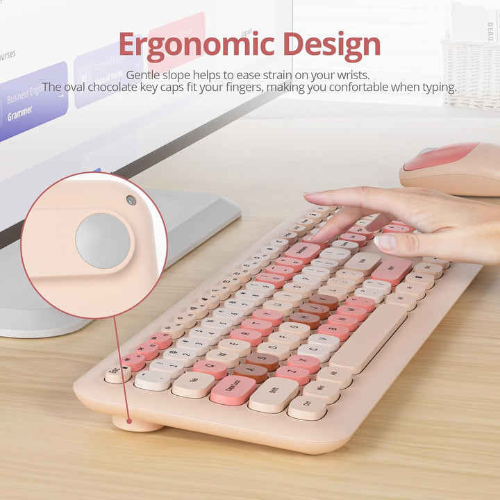 Tastatur und Maus Kabellos, Retro Bunt Tastatur Funktastatur mit Stille Mouse Amerikanisch QWERTY, C