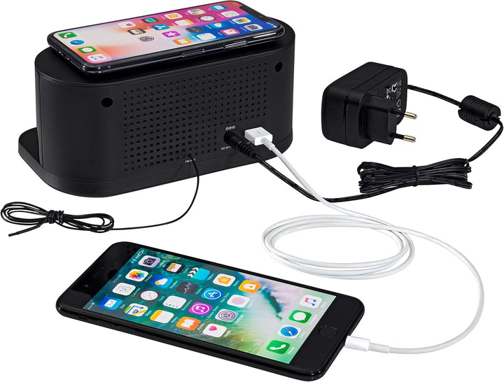 PEDEA FM Radiowecker mit induktiver QI-Ladefunktion und dimmbarem Display, Snooze, Dual Alarm und Sl