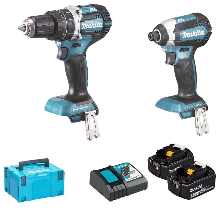 Makita DHP484 Schlagbohrmaschine + Dtd153 Schlagschrauber mit 2 Batterien 18 V 5 Ah DLX2180TJ