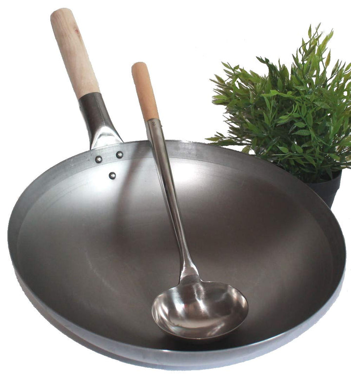 AAF Nommel ®, WOK SET, Pfanne 40 cm Ø runder Boden Carbon Stahl für Gasherd und Induktion Mulde + Wo