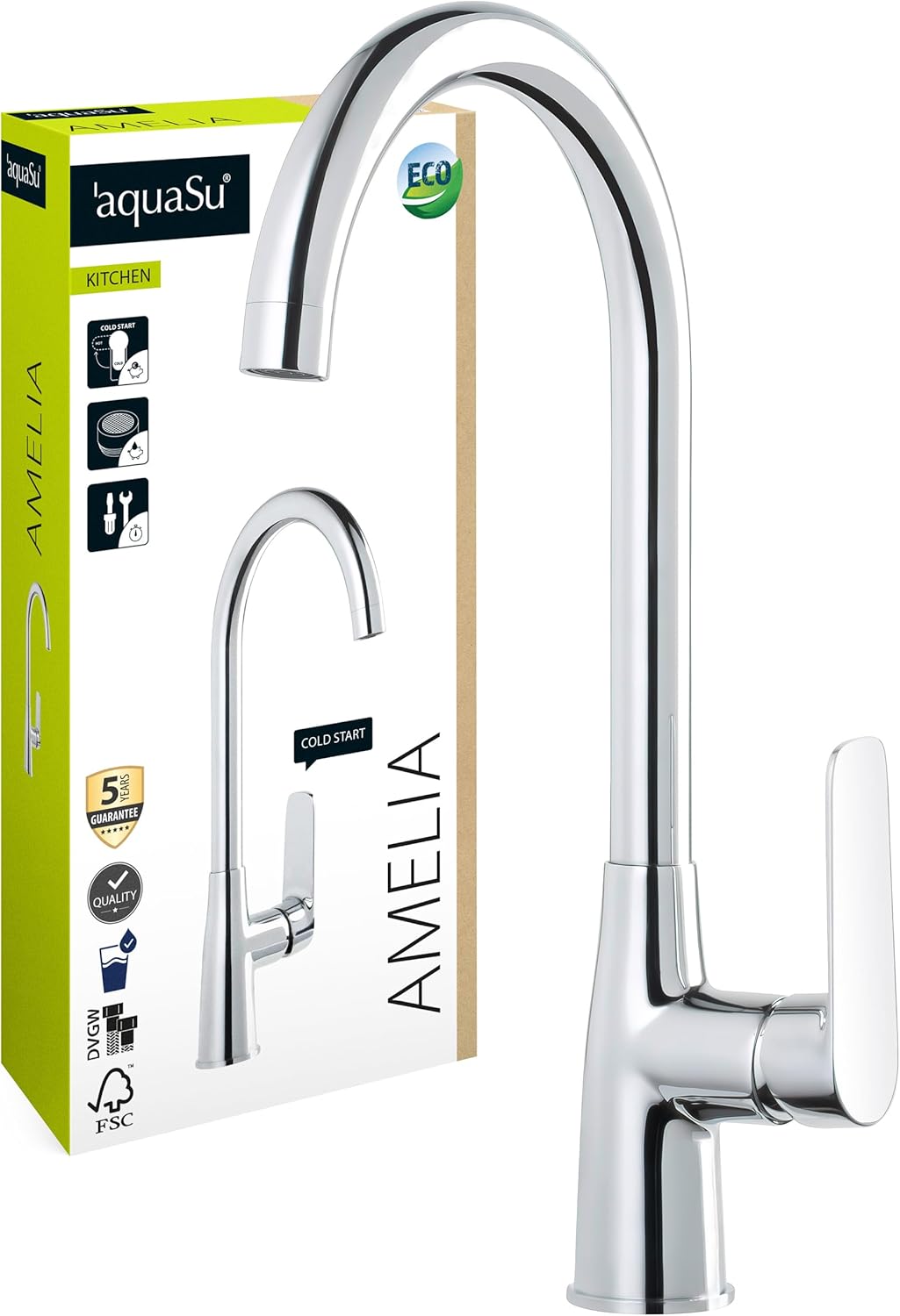 'aquaSu® Spültischarmatur Amelia mit Wasserspar-Mischdüse, Kosten-sparende Kaltwassermittelstellung,