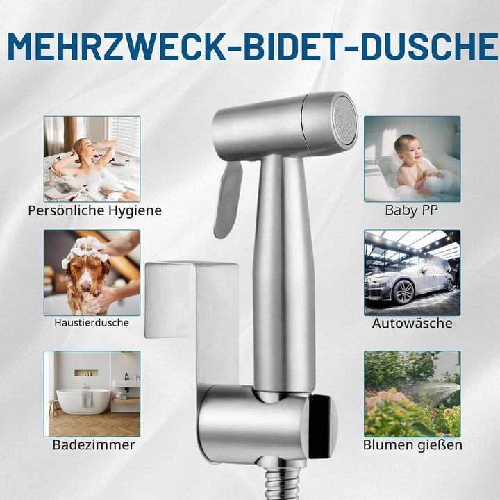Bidet Edelstahl Handbrause, Badezimmer - Bidetaufsatz mit mit Wasserhahn-Spender, Federschlauchhaken