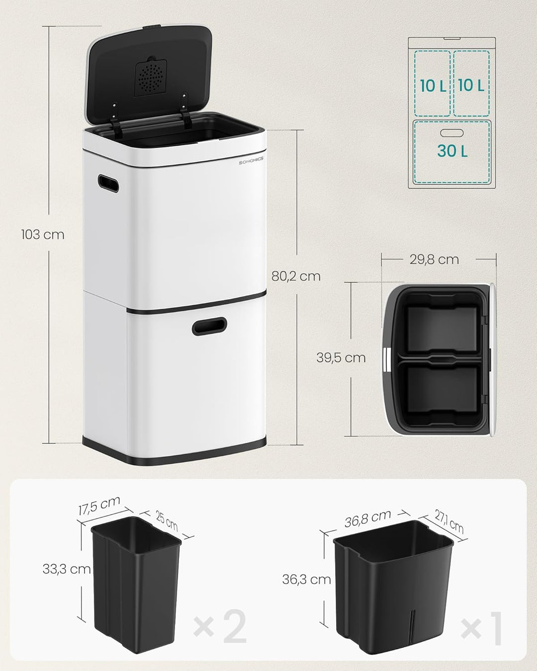 SONGMICS Mülleimer Küche, Mülltrennsystem 3 Fächer, 2 x 10 L und 30 L, Abfalleimer aus Stahl, platzs
