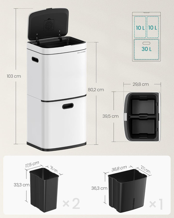 SONGMICS Mülleimer Küche, Mülltrennsystem 3 Fächer, 2 x 10 L und 30 L, Abfalleimer aus Stahl, platzs