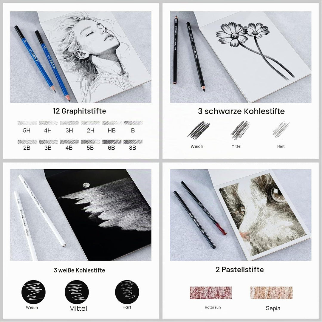 KALOUR PDAS 112 Zeichenset, Skizzierset, Pro Art Supplies mit 3-Farben-Skizzenbuch und Malbuch, Neon