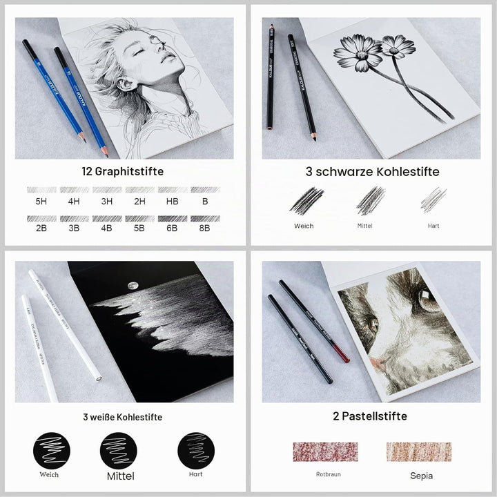 KALOUR PDAS 112 Zeichenset, Skizzierset, Pro Art Supplies mit 3-Farben-Skizzenbuch und Malbuch, Neon