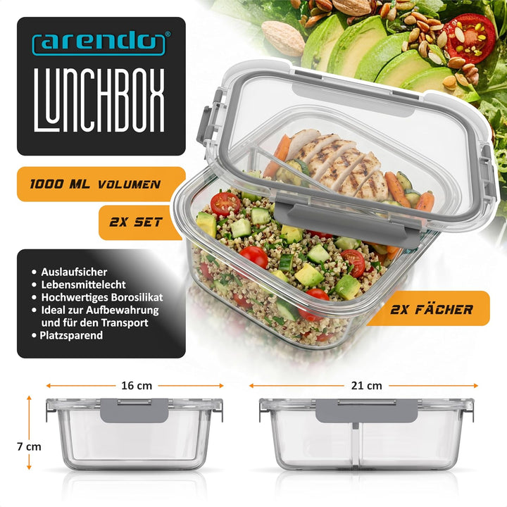 Arendo - Lunchboxen Glas - 2 Fächer - Frischhaltedosen für Lebensmittel mit Deckel luftdicht - 2er S