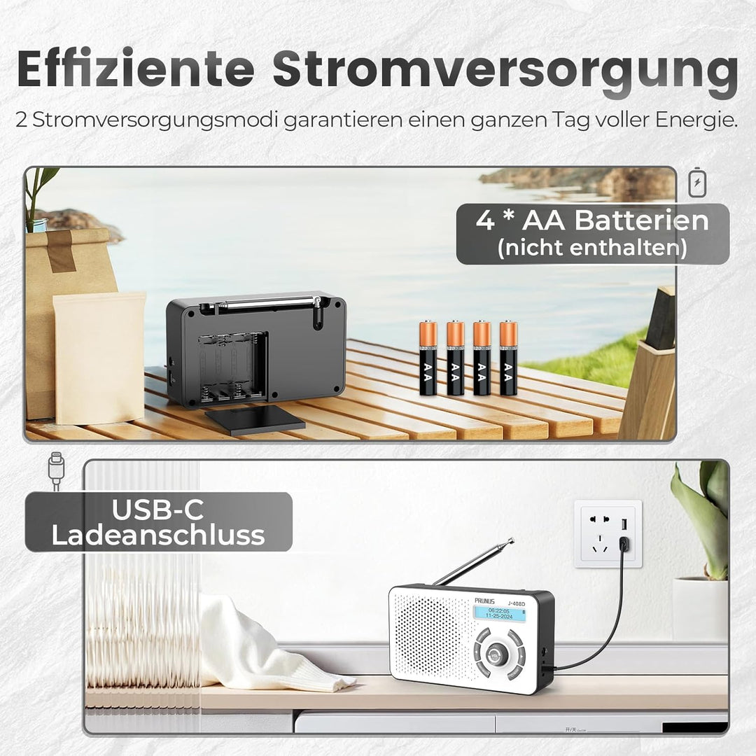 PRUNUS J-408 UKW DAB Radio mit Bluetooth 5.3, DAB Plus Radio Batteriebetrieben oder 2000mAh Akkubetr
