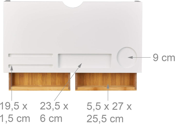Relaxdays Monitorständer Bambus, Bildschirmerhöhung mit 2 Schubladen & Fächern, Lapdesk HBT 14 x 60