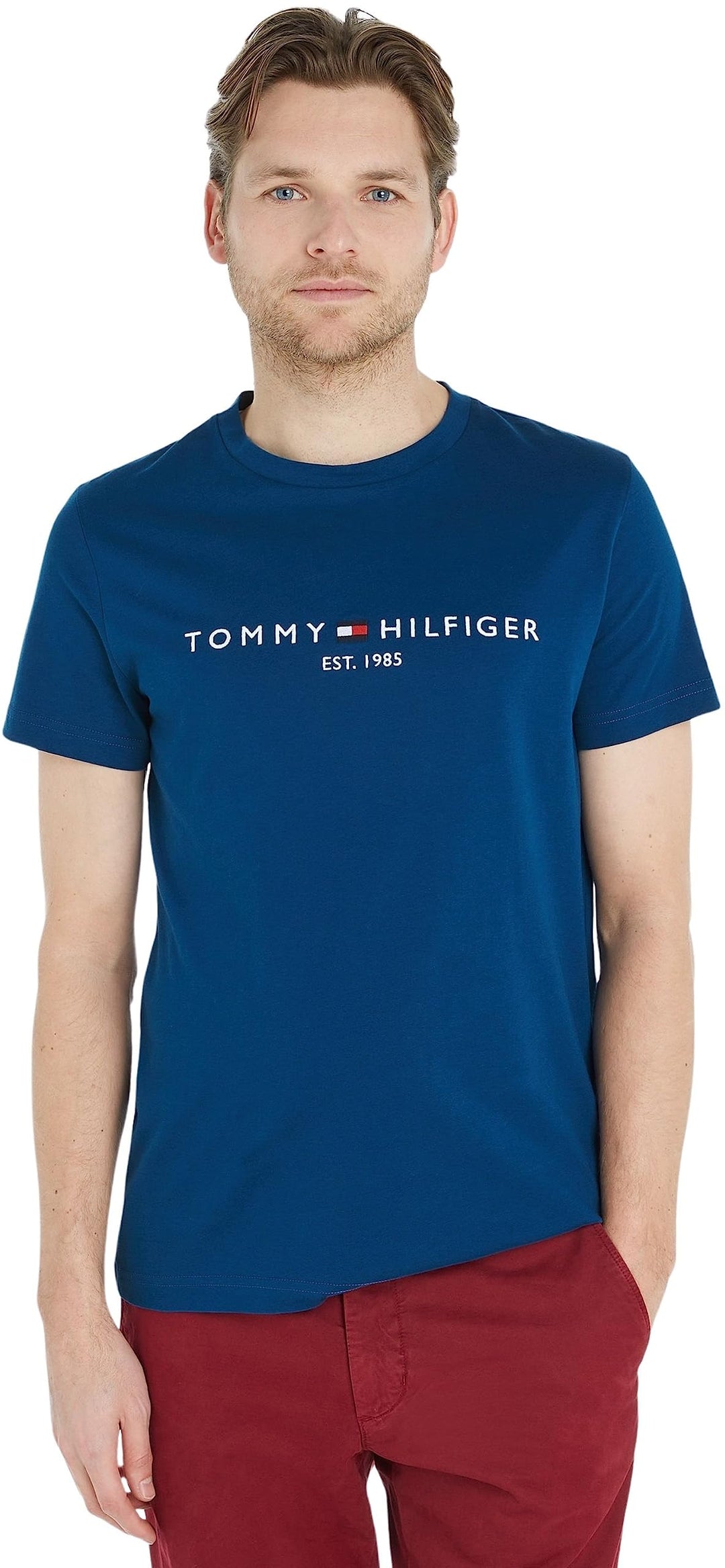 Tommy Hilfiger Herren T-Shirt Kurzarm Tommy Logo Rundhalsausschnitt M Blau (Deep Indigo), M Blau (De