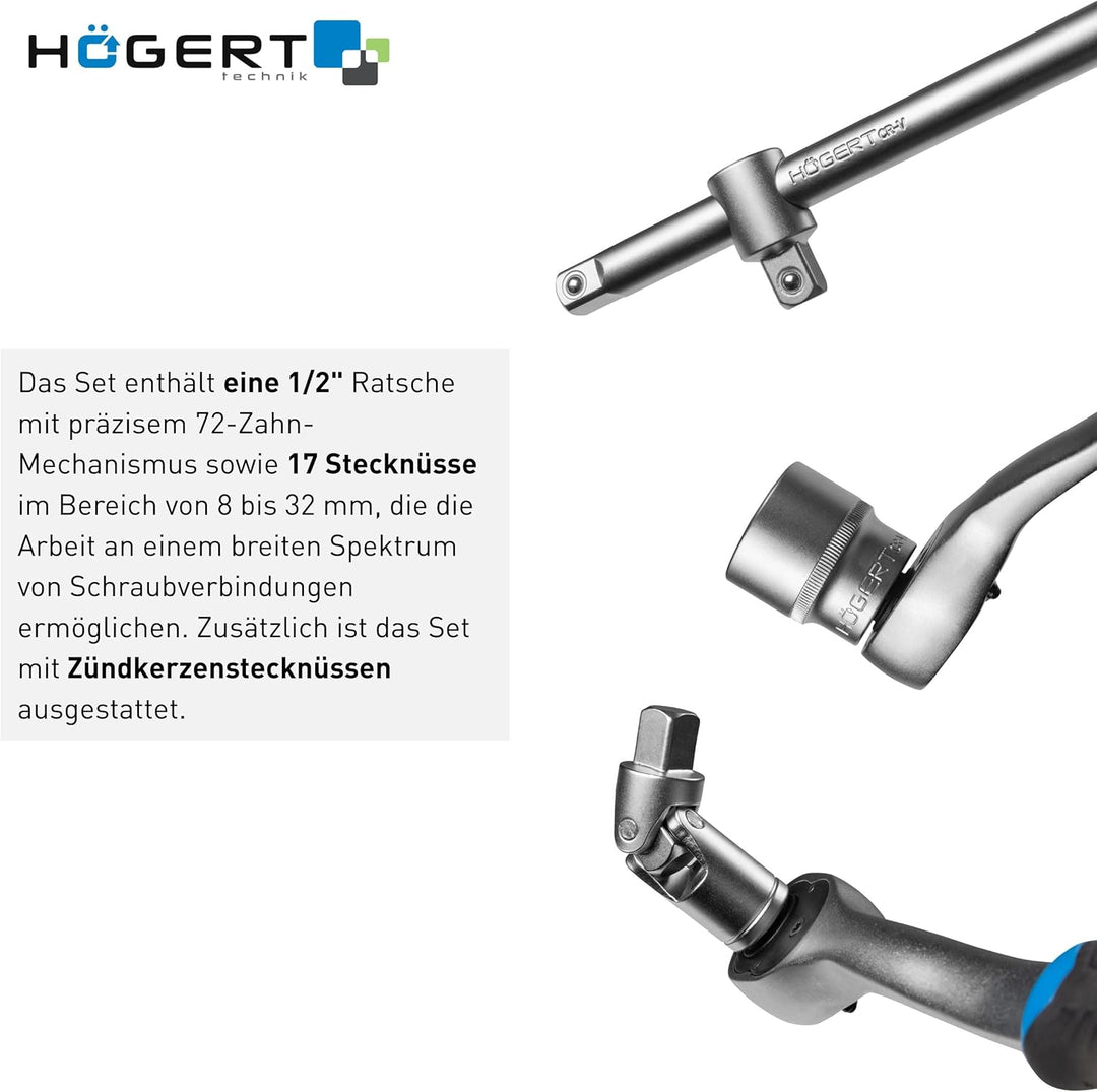 Högert Technik - Steckschlüsselsatz 24-teilig 1/2 Zoll mit Knarrenschlüssel, Ratsche, Stecknüssen 8-