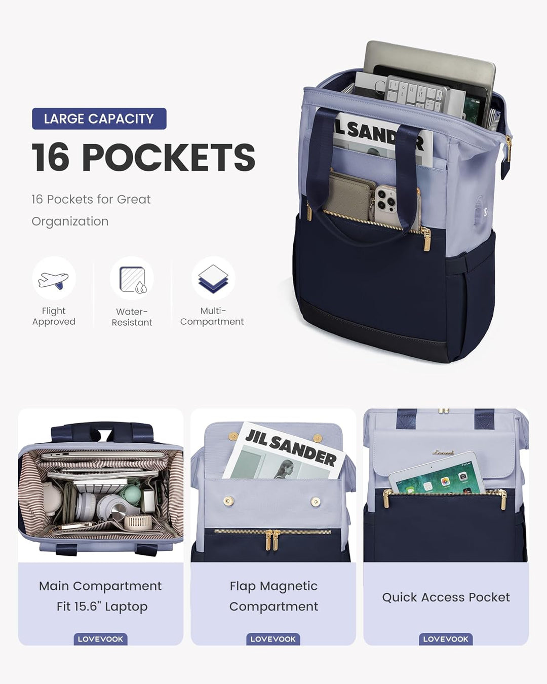 LOVEVOOK Rucksack Blau, Moderner Laptop Schulrucksack, Schultasche Teenager Backpack Women Elegant T
