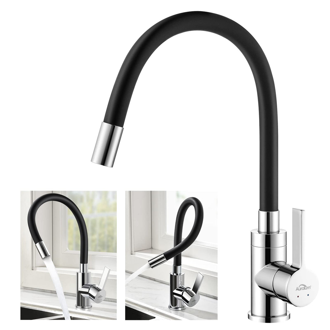Wasserhahn Küche Schwarz, Auralum Küchenamatur mit Flexibler Auslauf, Hochdruck Armatur Küche 360° D