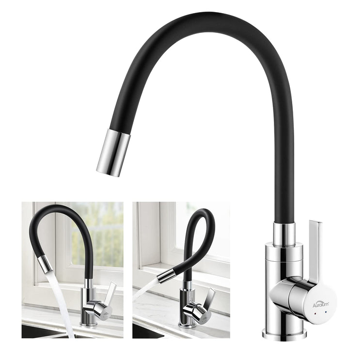 Wasserhahn Küche Schwarz, Auralum Küchenamatur mit Flexibler Auslauf, Hochdruck Armatur Küche 360° D