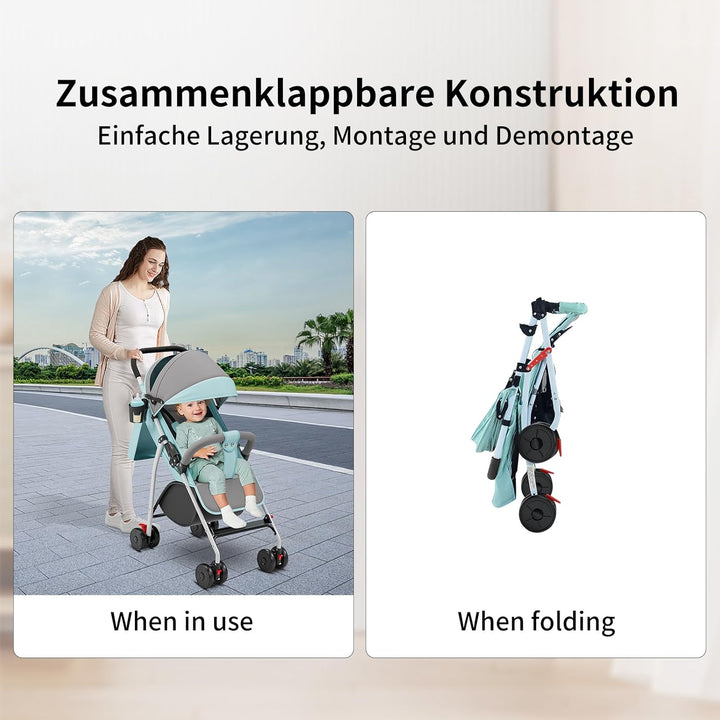 Kinderbuggy, Kinderwagen mit Sonnenschirm, Kinderwagen Zusammenklappbar, Buggy mit Liegefunktion, Ka
