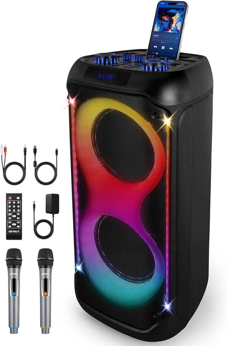 Karaoke Anlage mit 2 Drahtlosen Mikrofonen, 2 × 8" Subwoofer Grosser Lautsprecher Bluetooth mit Disc