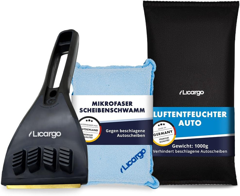 LICARGO Winter Komplett Set - Auto Luftentfeuchter (1kg) - 1x recycelter Eiskratzer - 1x Mikrofaser