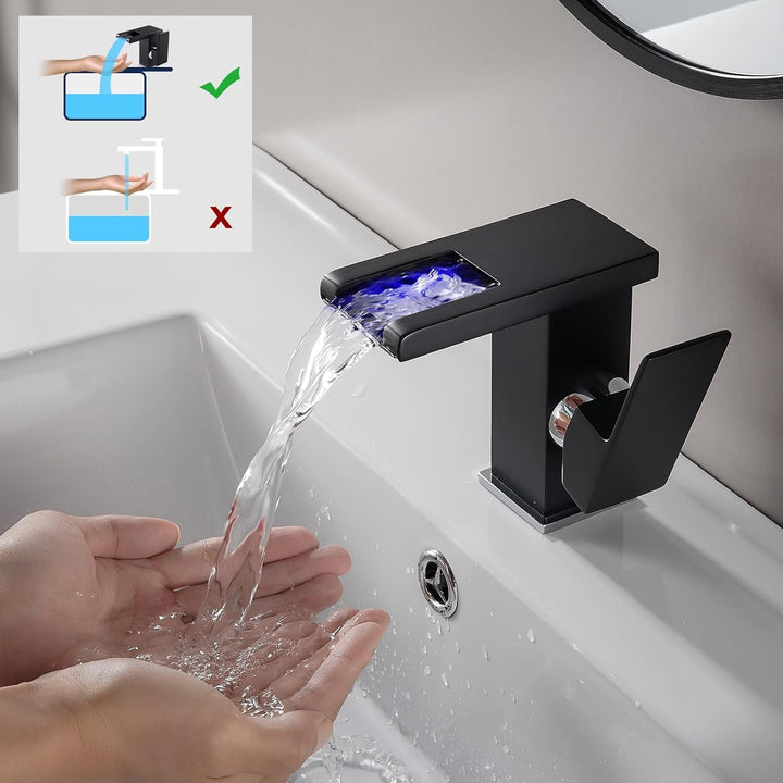 KEOKBON LED Lichter Bad Wasserhahn Schwarz, Farbtemperatur Wasserfall Waschtischarmatur, 3 Farbe Was
