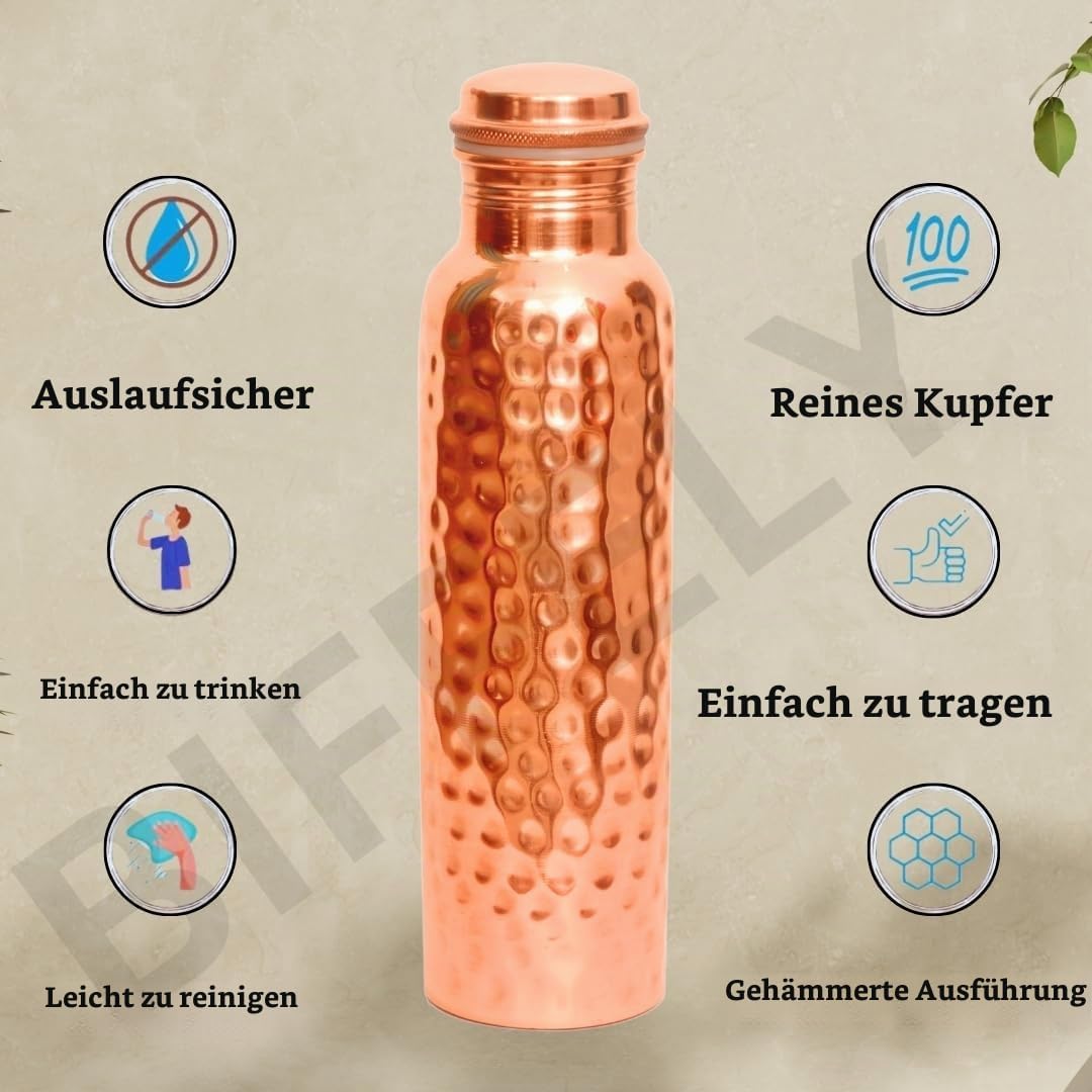 Kupfer-Wasserflasche, handgefertigt, ayurvedisch, 100% reines Kupfer, für Damen und Herren, auslaufs